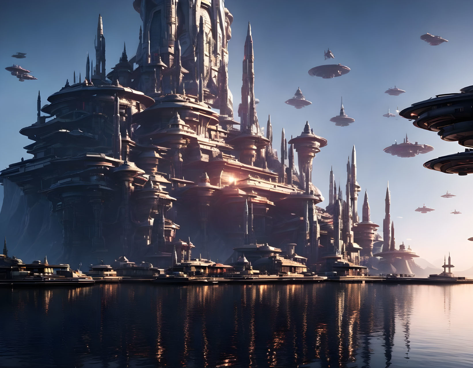 Futuristic cityscape with towering spires and floating vehicles at dawn or dusk