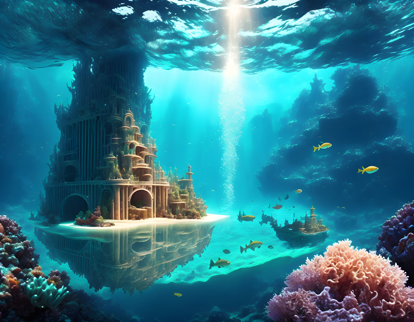 Sunlit underwater fantasy scene with elaborate castle, coral, fish, and submerged ship in a magical aquatic