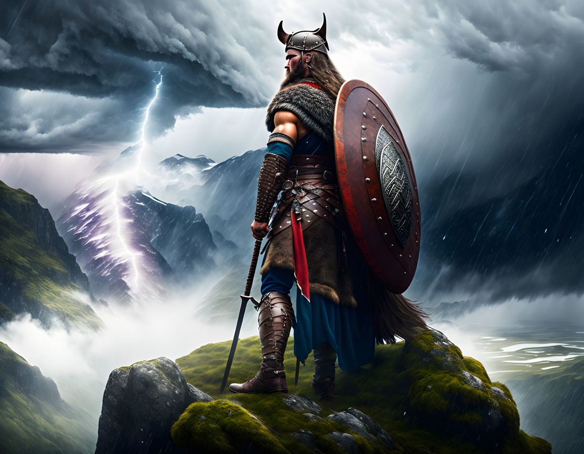 Viking warrior with shield and sword in stormy landscape