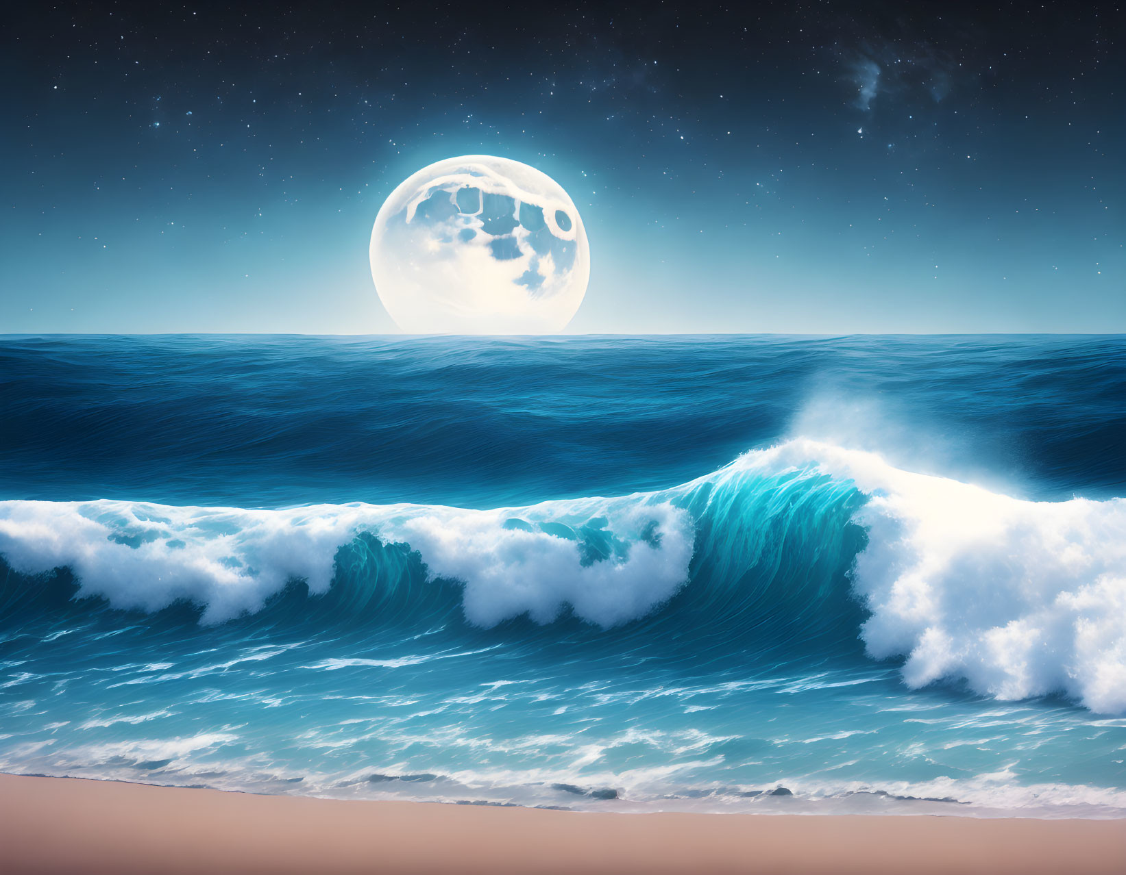 Tranquil Night Beach Scene with Bright Full Moon