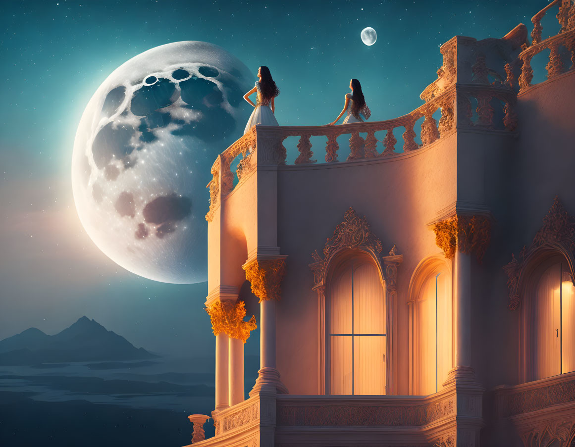 Two individuals on ornate balcony under large moon in surreal nightscape