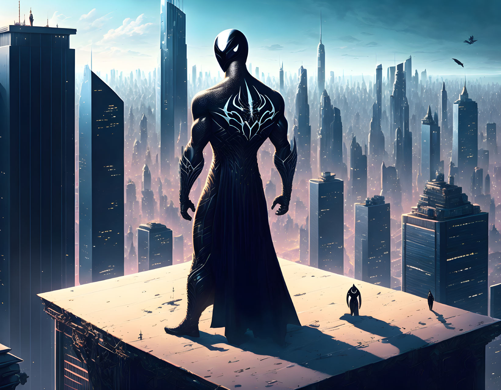 Silhouette of figure in black superhero costume on skyscraper in futuristic cityscape