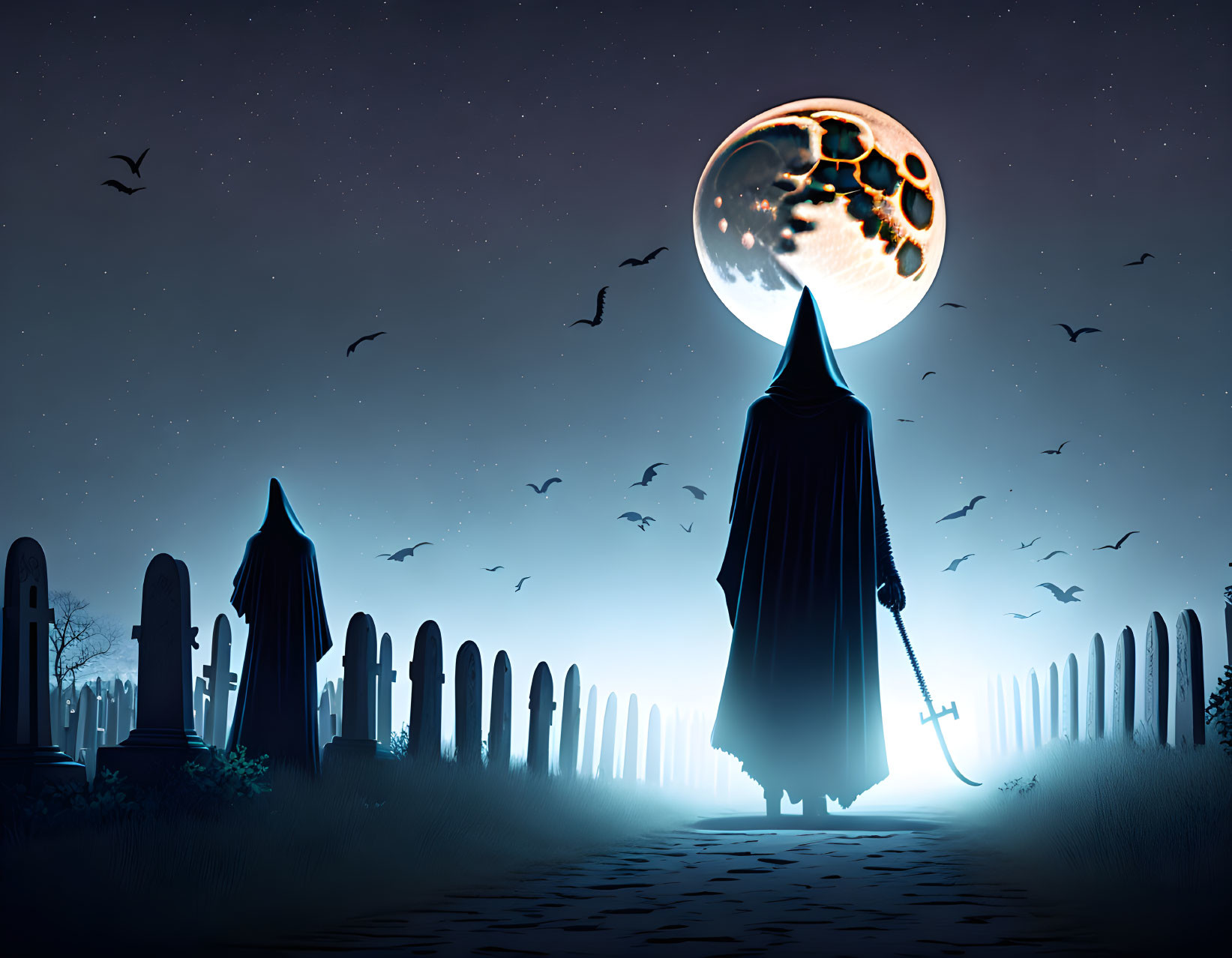 Cloaked figure in graveyard under eerie moon with flying birds