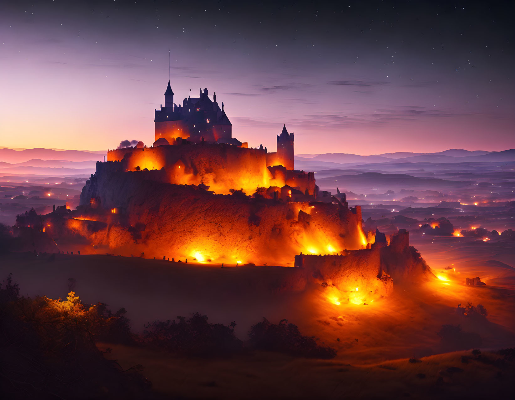 Majestic castle on hill at twilight with illuminated walls and misty landscape