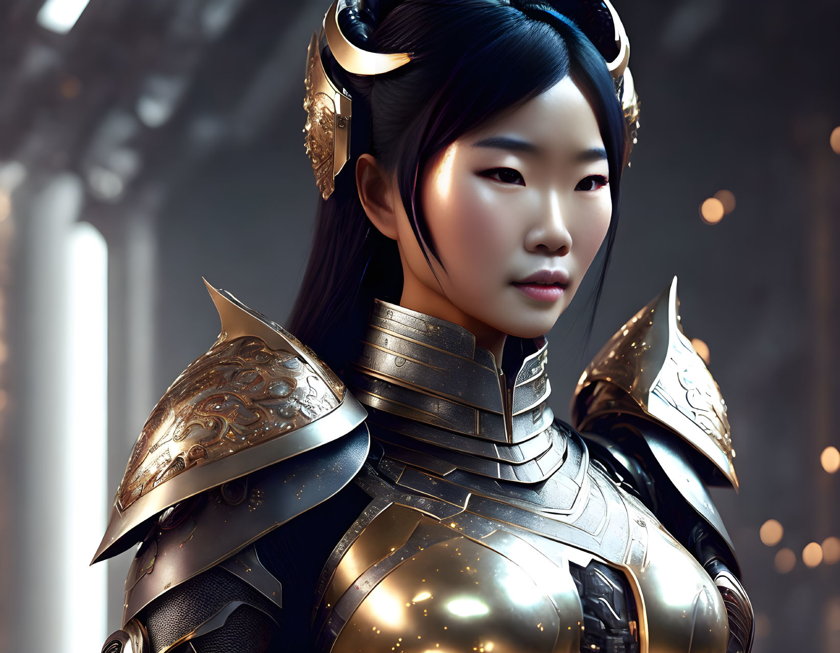 Female warrior in ornate metallic armor with horned helmet against industrial background.