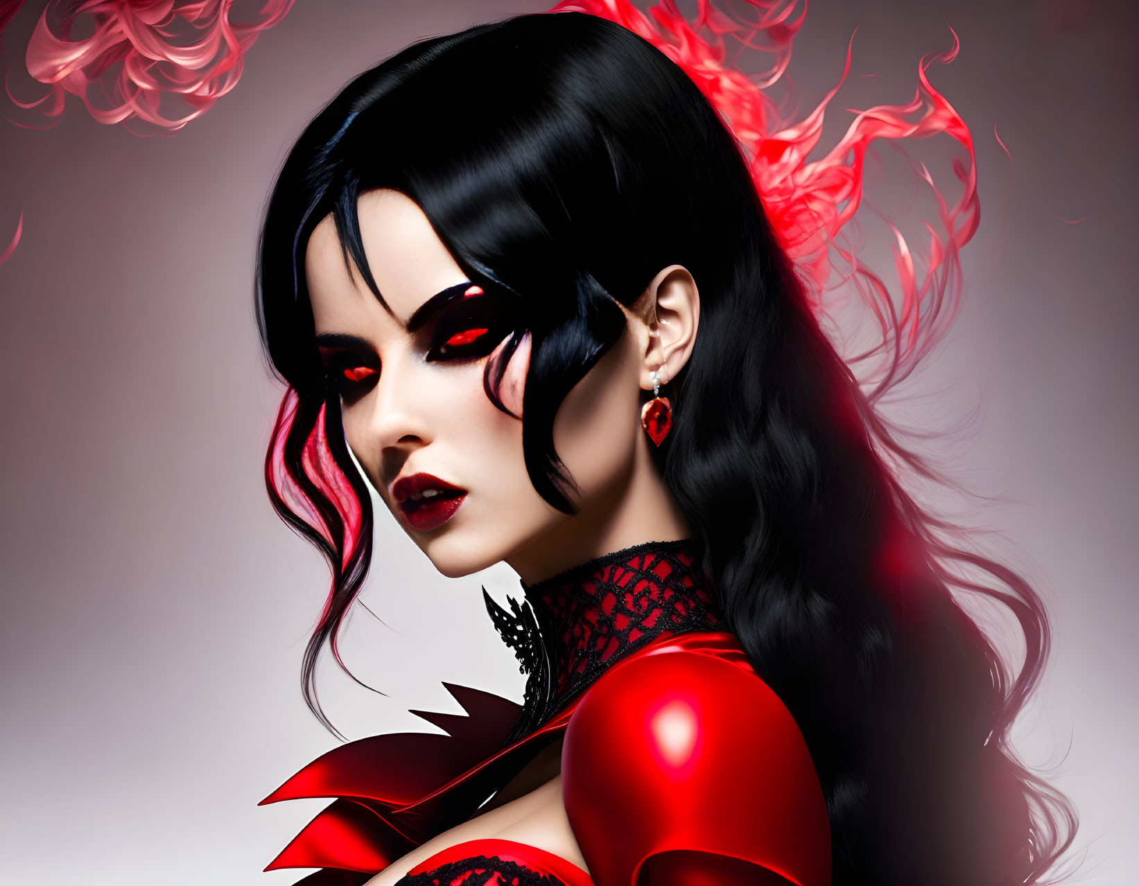 Digital artwork: Woman with black hair, red eyes, and fiery makeup in red and black outfit with