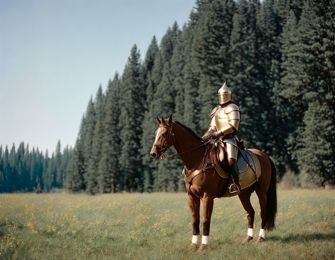 Medieval knight in armor on horseback in field with yellow flowers