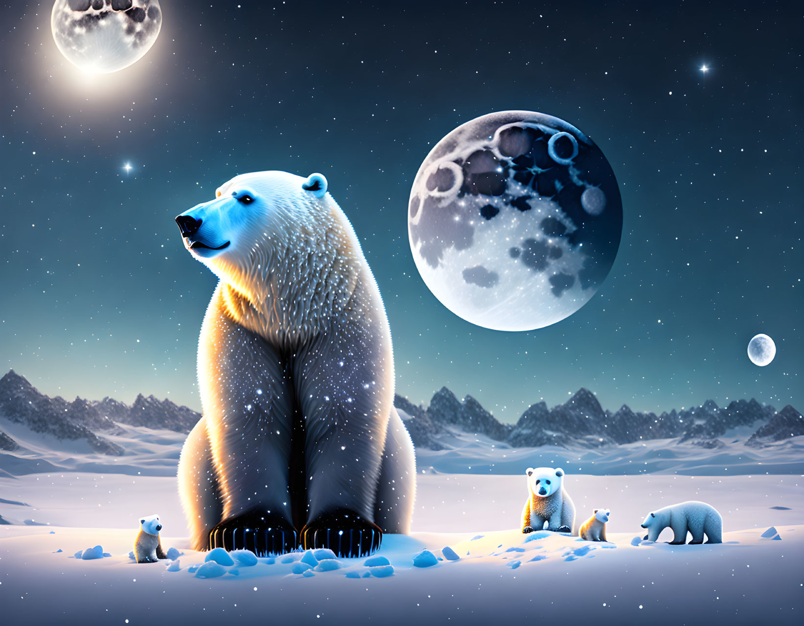 Digital Artwork: Polar Bear Family Under Three Moons