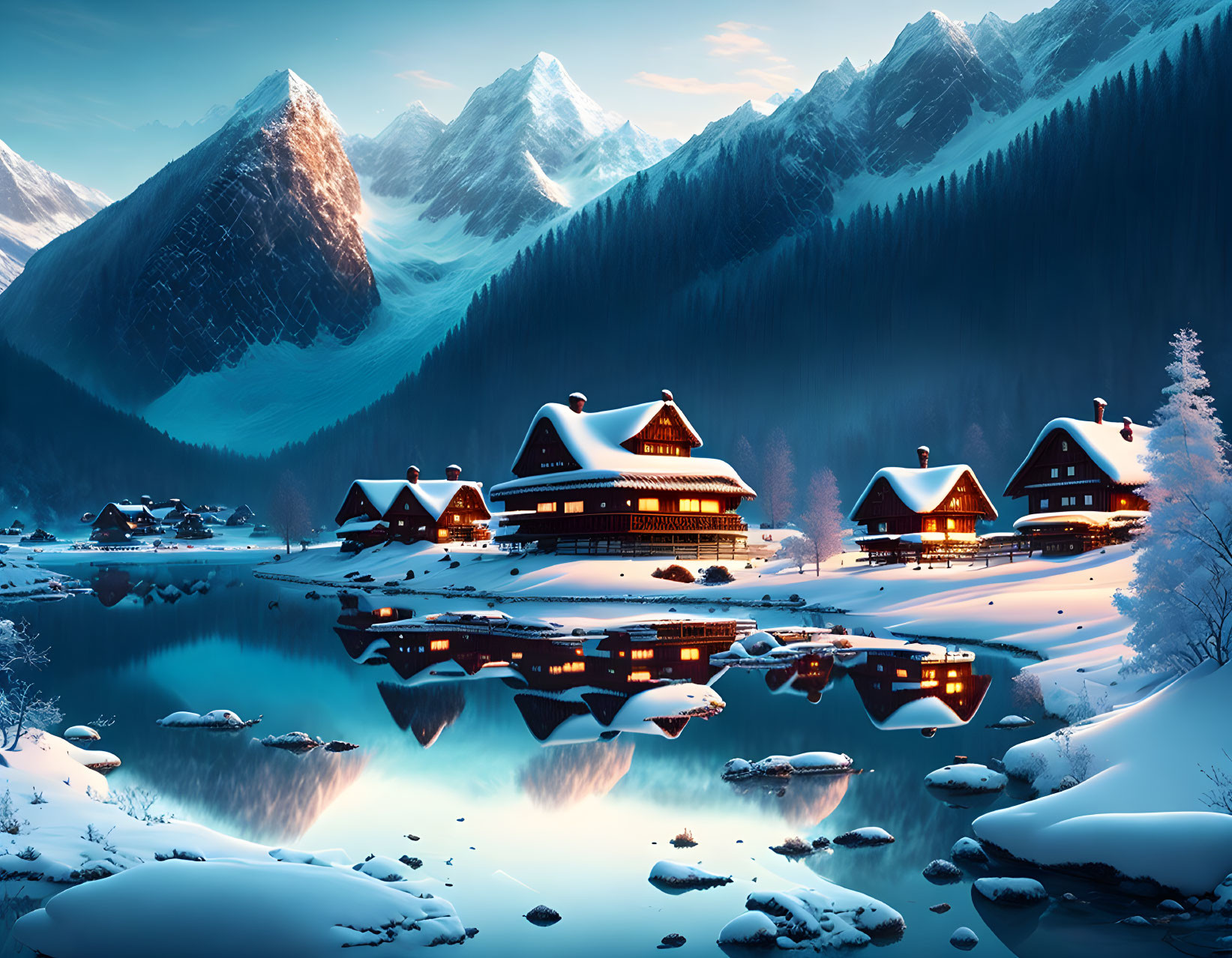 Winter scene: Chalets near snowy lake, pine trees, mountains at dusk