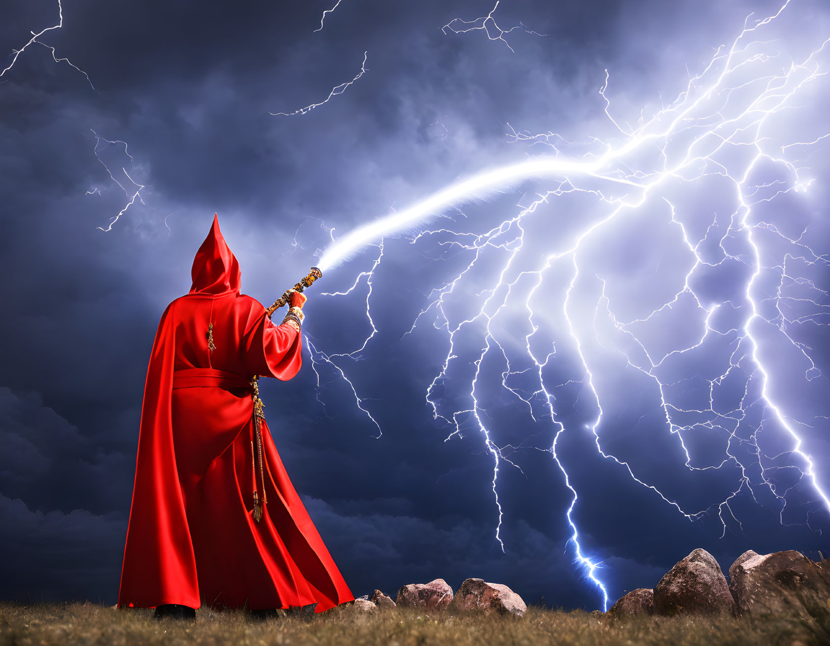 Red-cloaked figure with staff shoots light beam at stormy sky