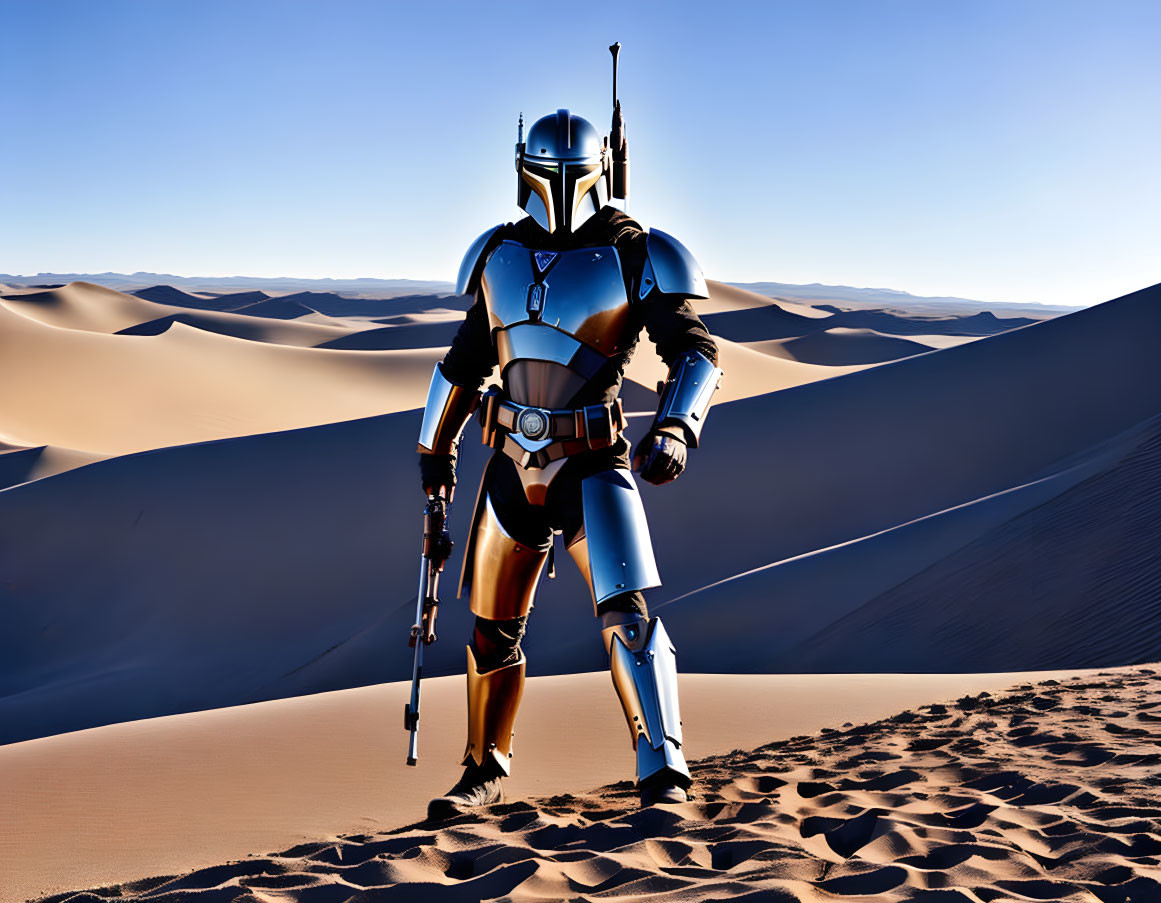 Detailed Mandalorian costume in desert with sand dunes