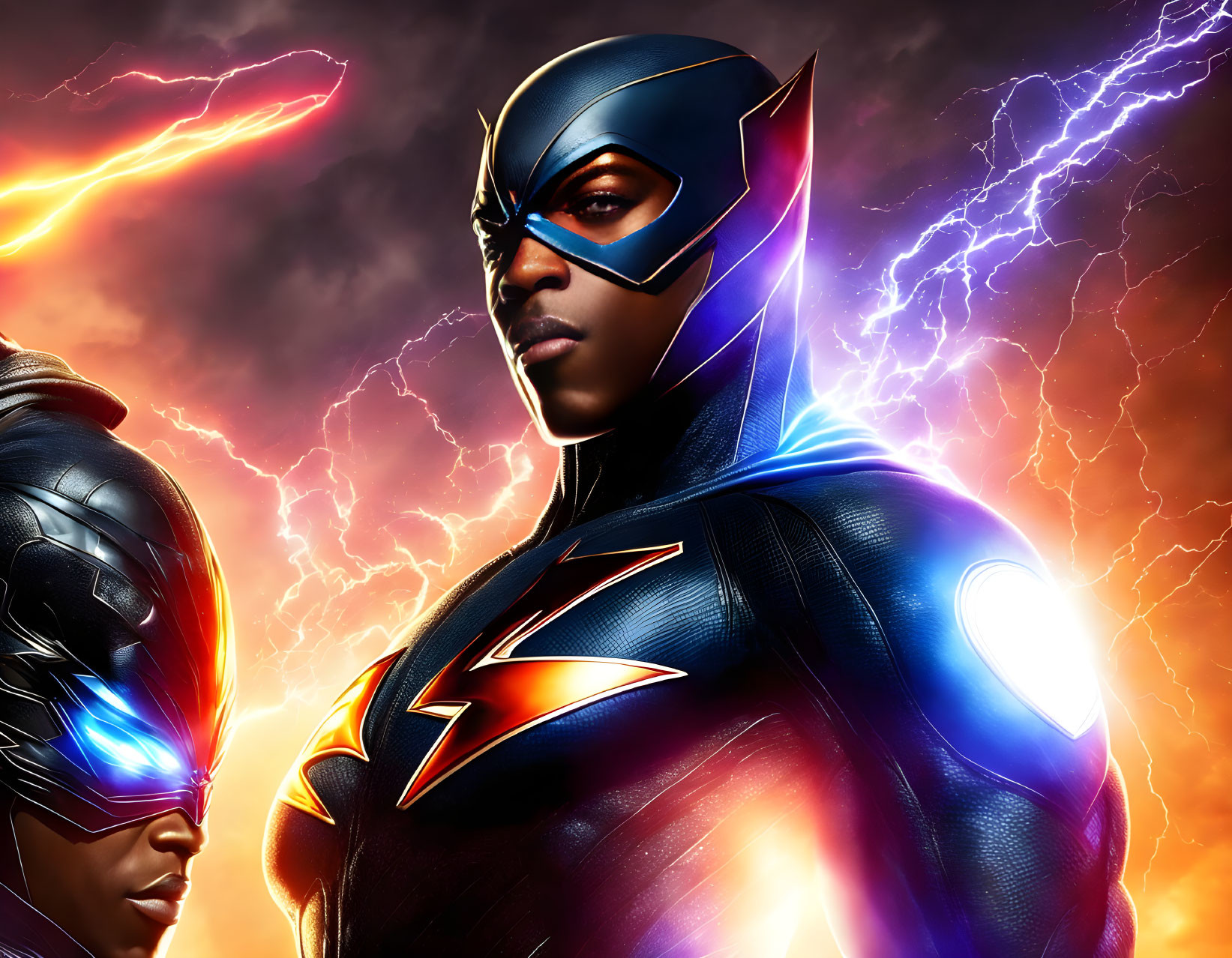 Two superheroes in blue and sleek costumes with lightning in background