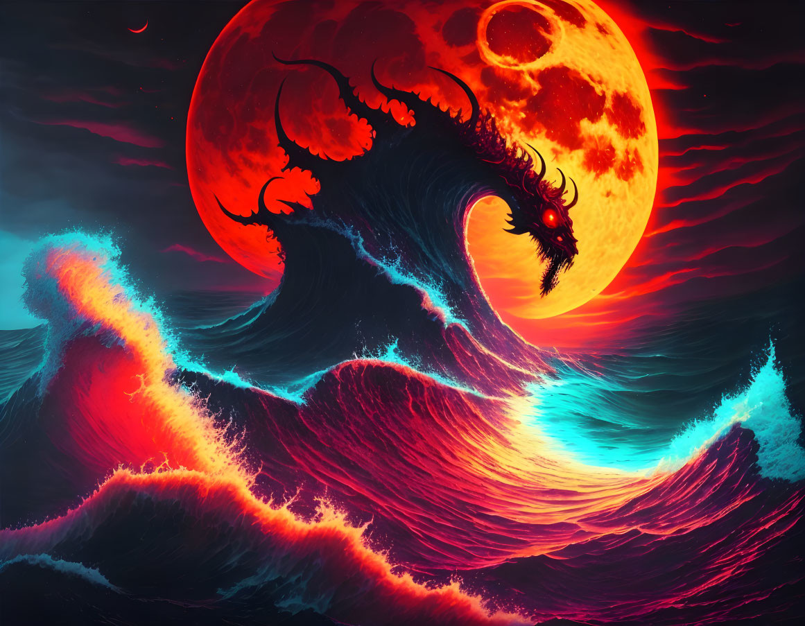 Digital artwork: Colossal wave, dragon silhouette, red moon in dramatic sky