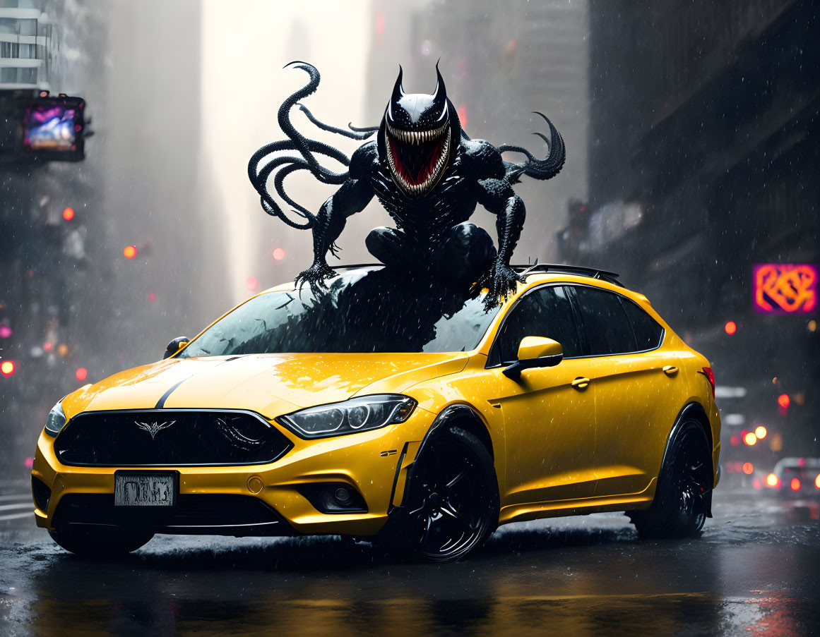 Yellow sports car in wet urban street with looming monstrous creature