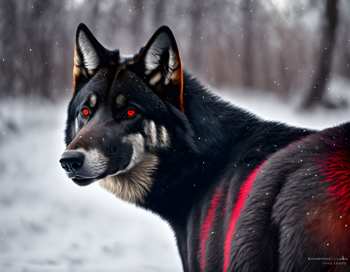 Digitally altered wolf with red eyes in snowy setting