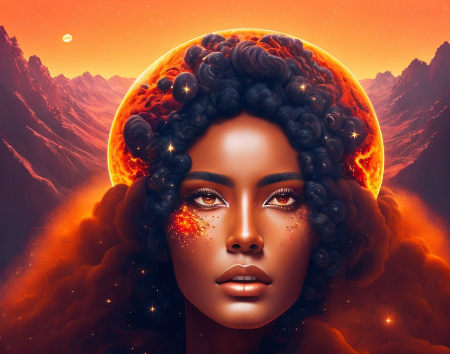 Digital artwork: Dark-skinned woman with curly hair merging with cosmic body over red sky and mountains