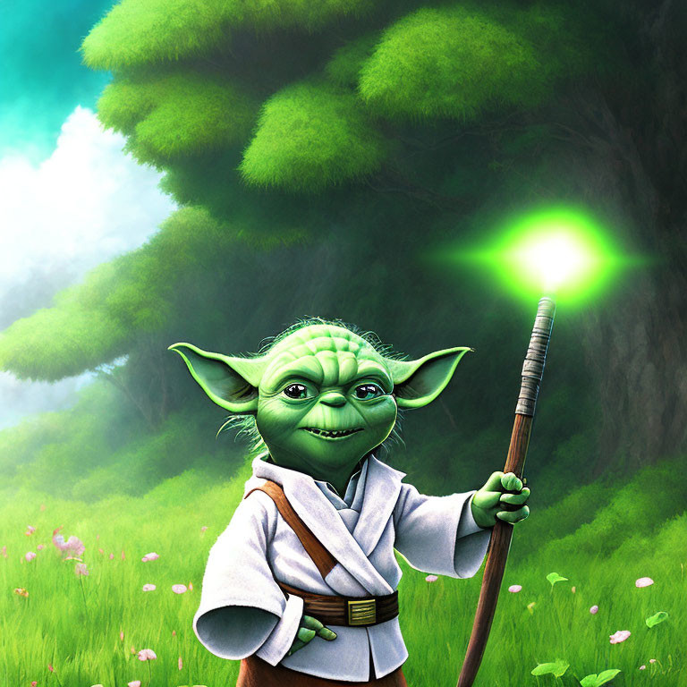 Animated character resembling Yoda with illuminated staff in lush forest clearing