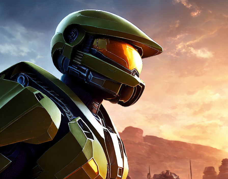 Futuristic soldier in green helmet with golden visor at sunset