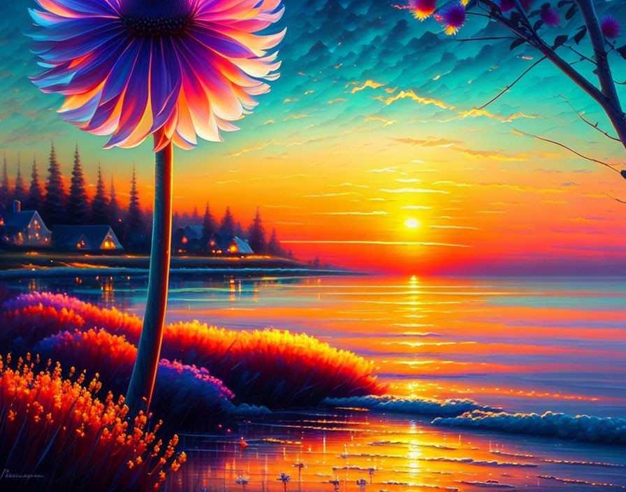 Colorful painting: Large flower, sunset, lake, pine trees, cabins