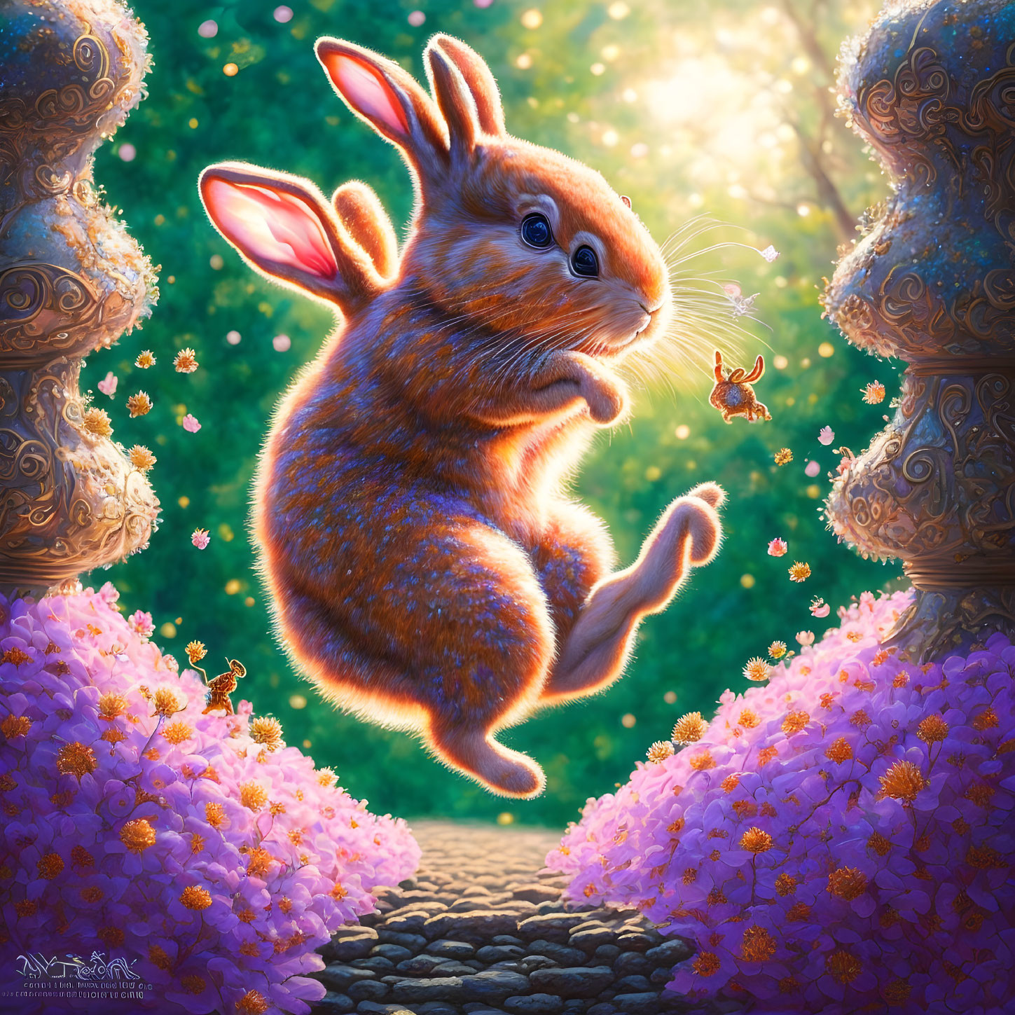 Illustration: Fluffy rabbit leaping amid pink flowers and bees in magical forest