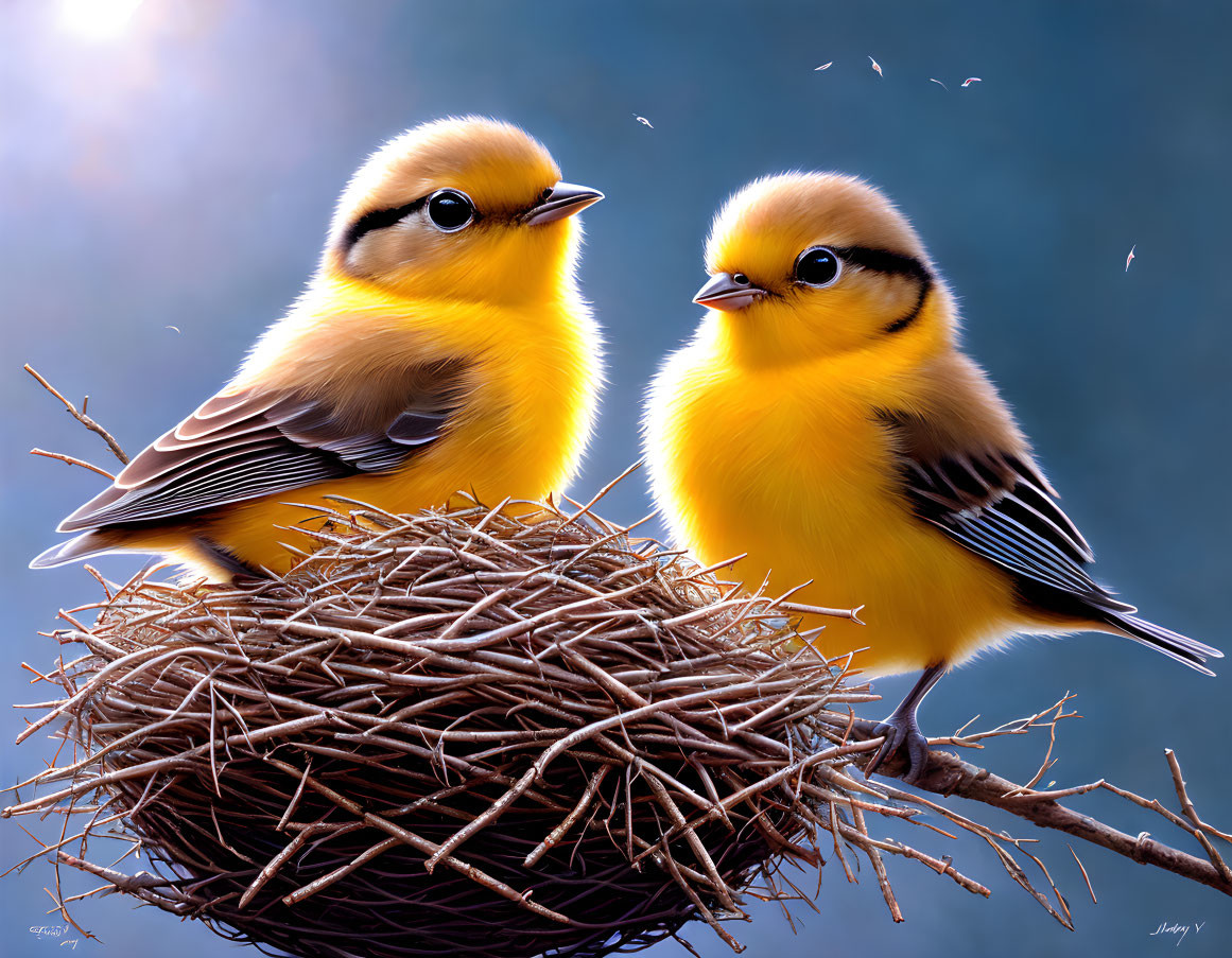 Yellow Bird Chicks on Twig Nest in Soft Blue Background