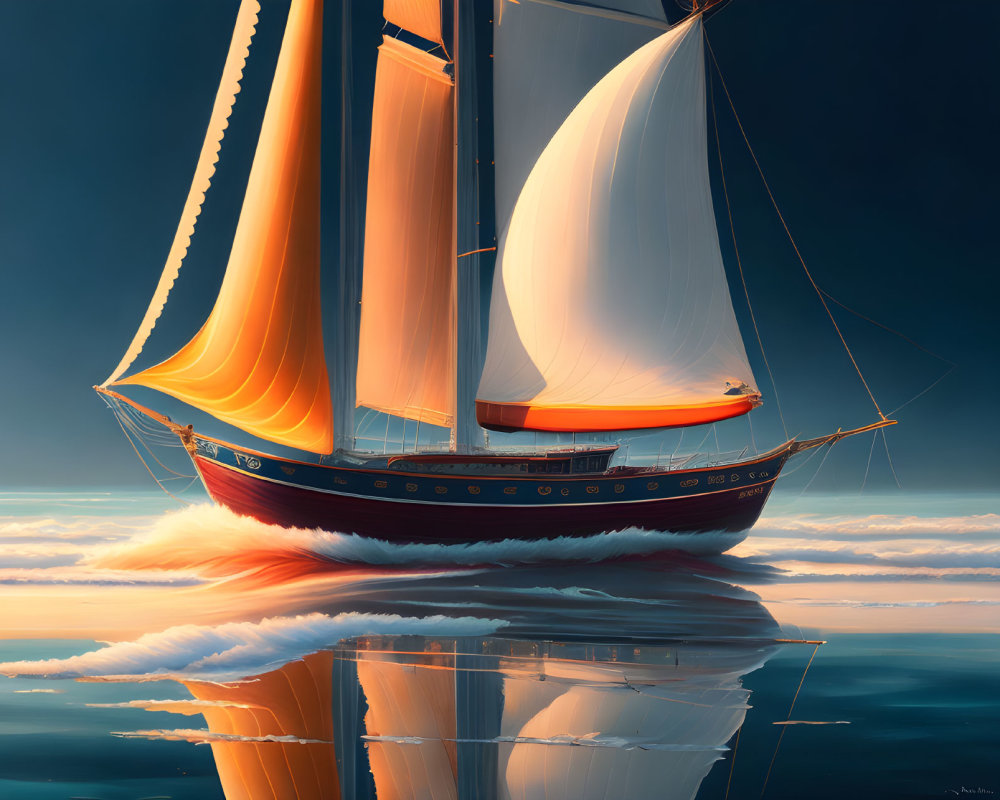 Sailboat with billowing sails on calm waters under warm sunlight