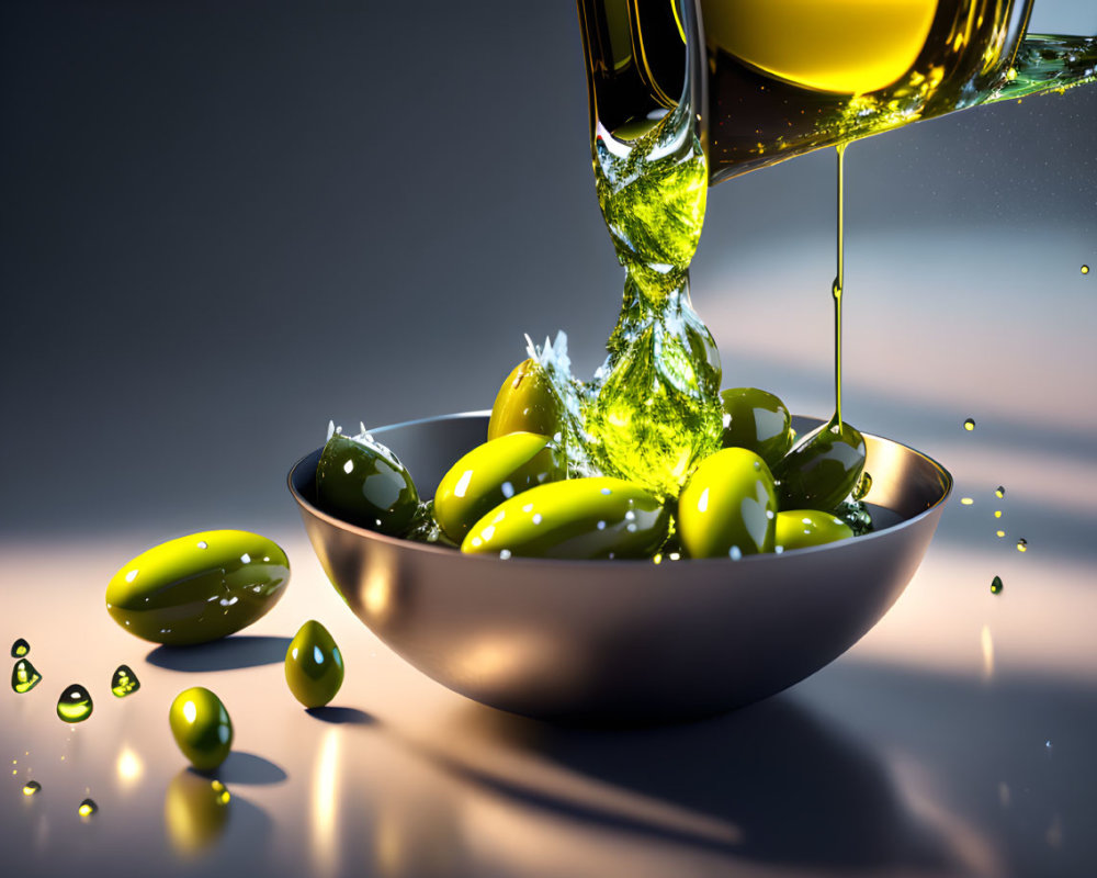 Pouring Golden Olive Oil Over Olives in Bowl