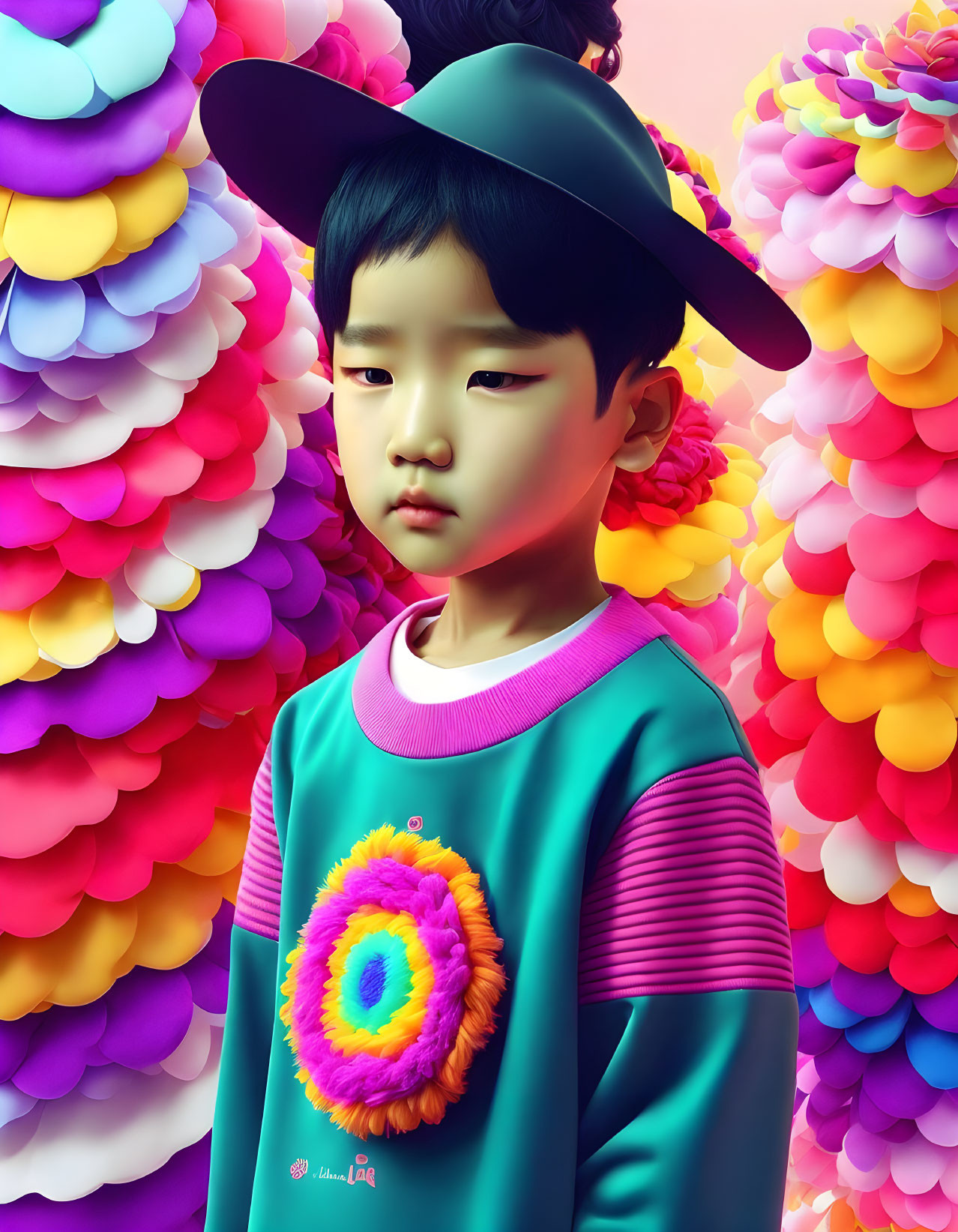 Child in hat and colorful sweater against vibrant flower backdrop