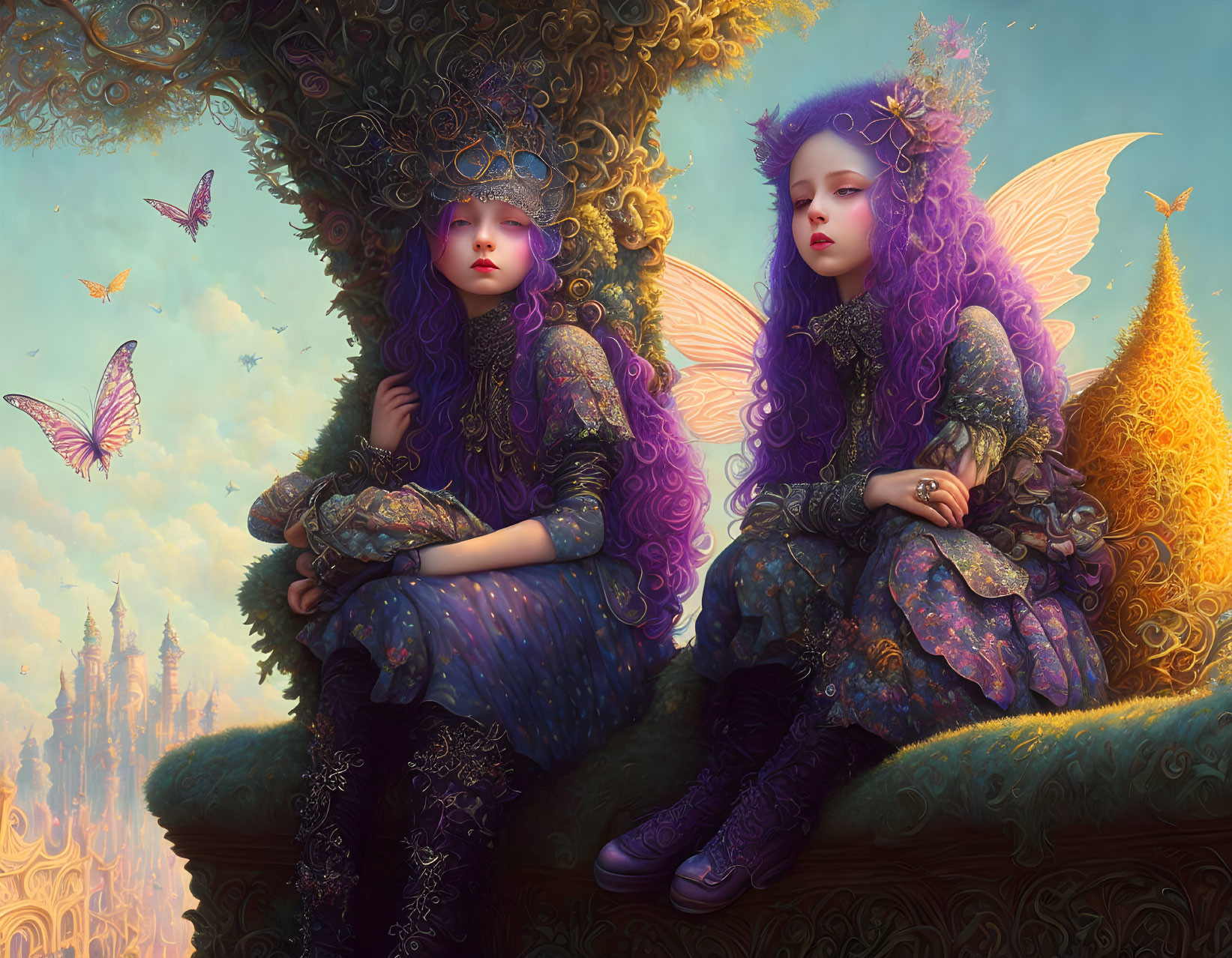 Fantasy female figures with purple hair and wings by golden beehive and butterflies in dreamy castle