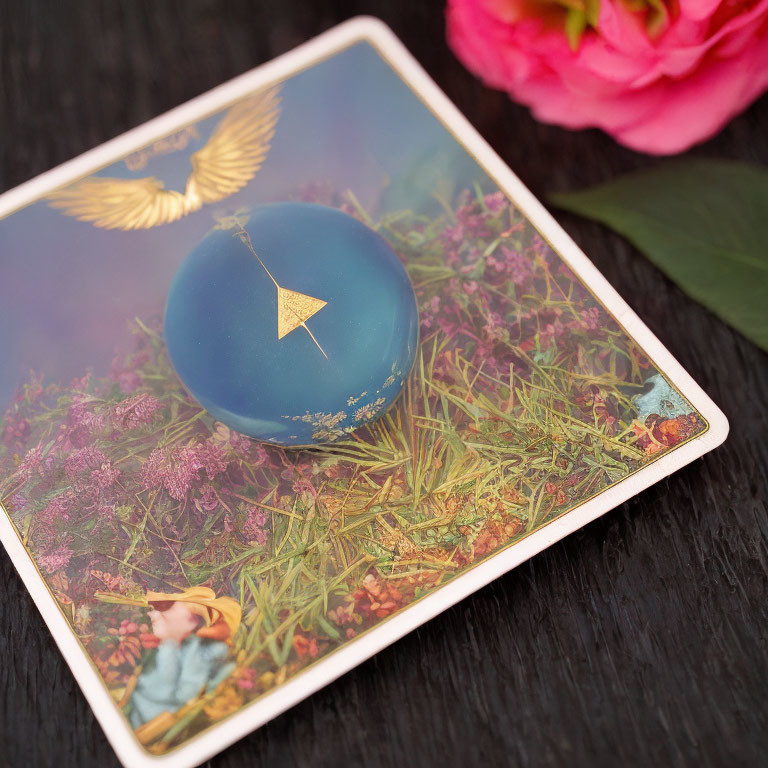 Square card featuring blue sphere and golden elements on flower field with pink flower on dark surface