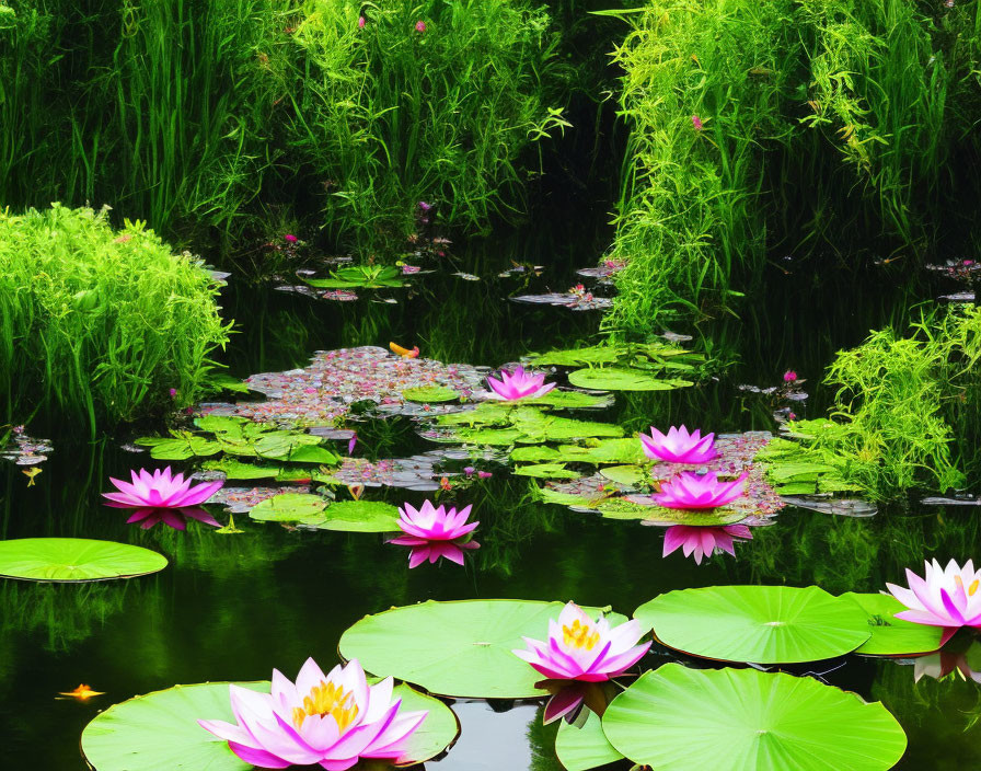 Tranquil pond with vibrant pink water lilies and green lilypads