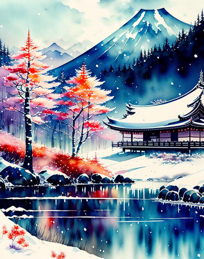 Winter Watercolor Illustration of Tranquil Scene with Snow, Lake, Trees, Pagoda, and