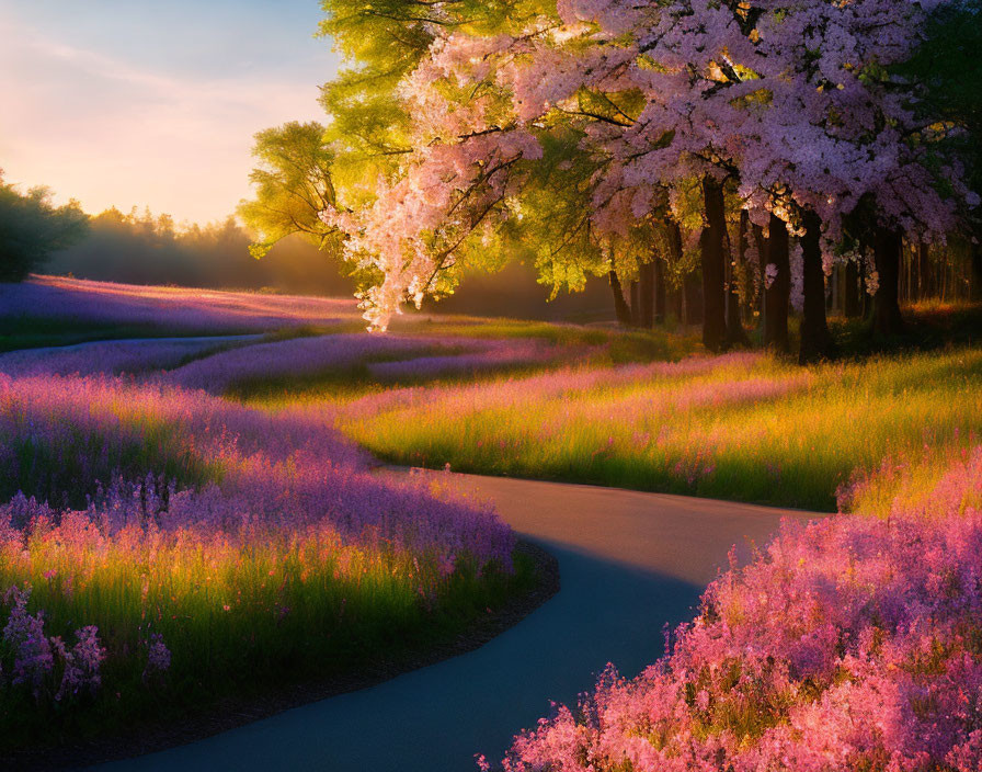 Scenic Cherry Blossom Path in Vibrant Landscape