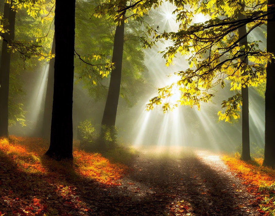 Forest canopy illuminated by sunrays through fallen autumn leaves