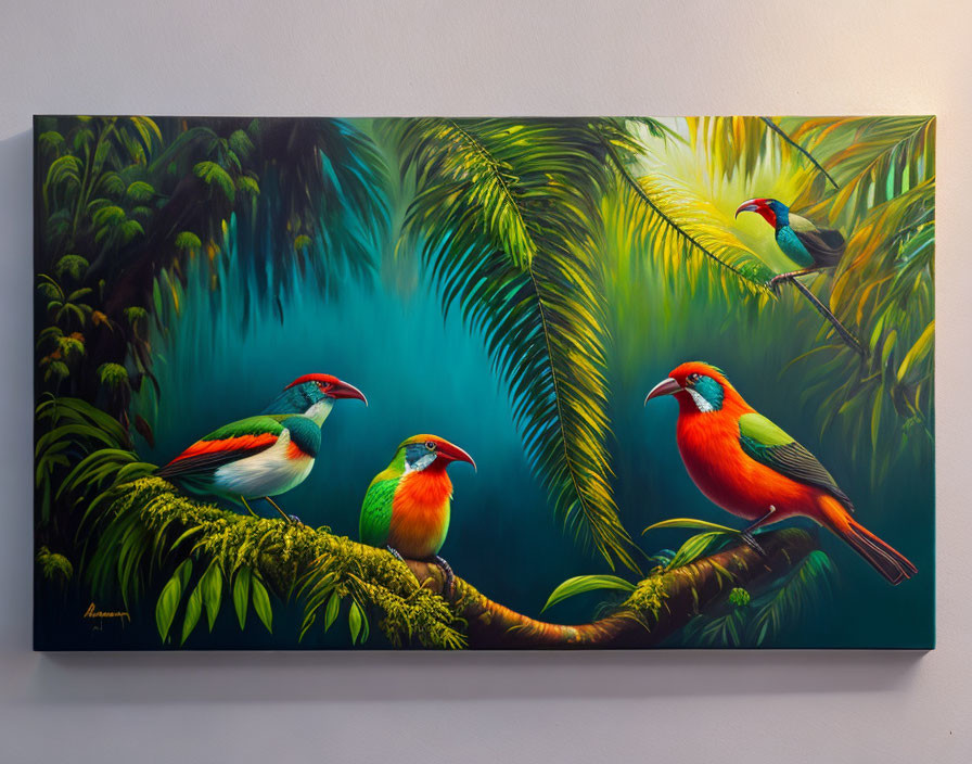 Colorful Birds Perched on Tree Branch in Tropical Setting