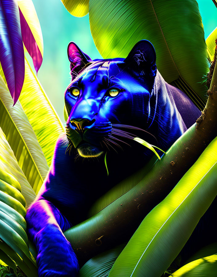 Vibrant digital artwork: Blue panther in lush green foliage