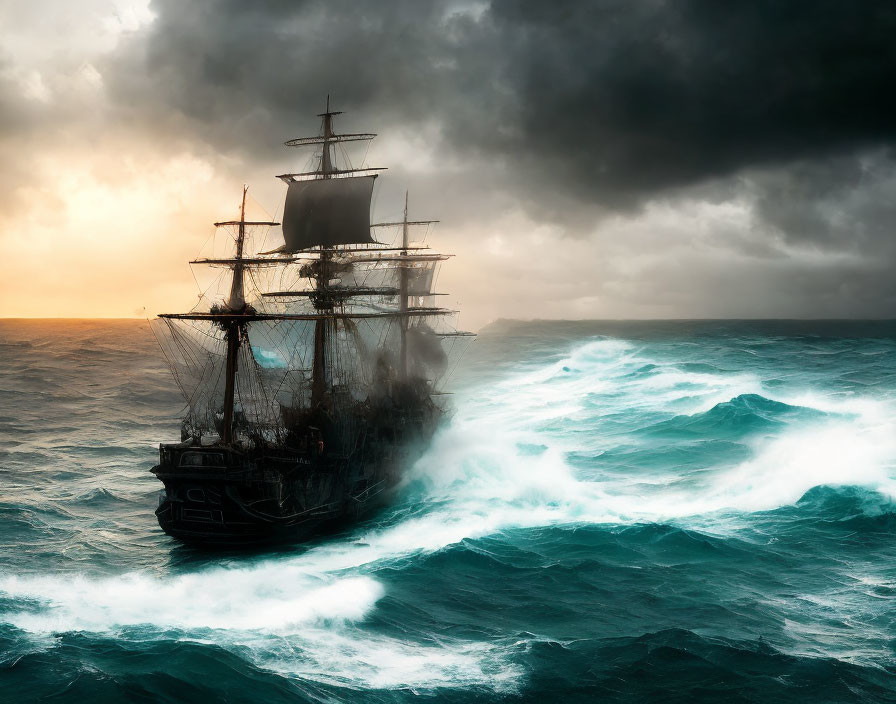 Sailing ship navigating turbulent waves under dramatic sky