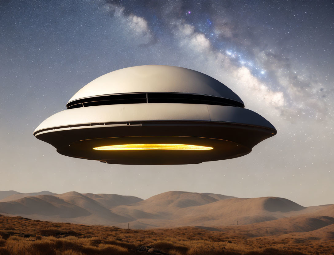 Glowing lights UFO hovers over desolate landscape