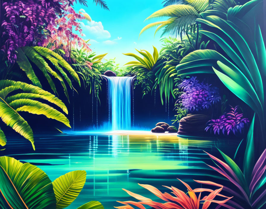 Colorful digital artwork of tropical paradise with waterfall, lush greenery, purple florals, and blue