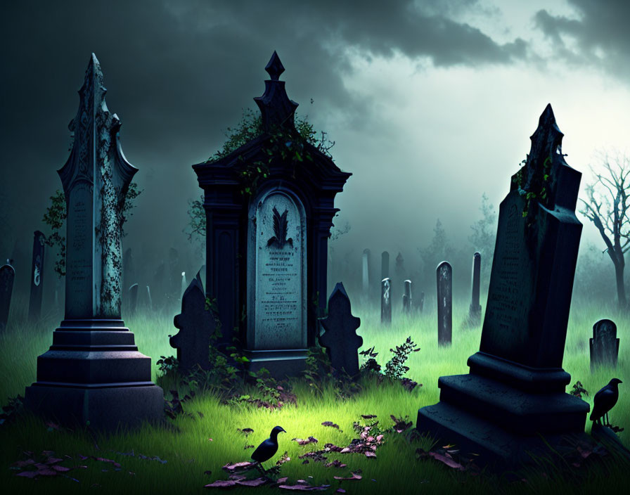 Eerie dark graveyard with ornate tombstones and silhouetted ravens