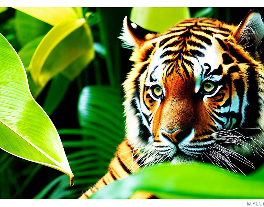 Close-up of tiger's face in lush green foliage with orange and black stripes.