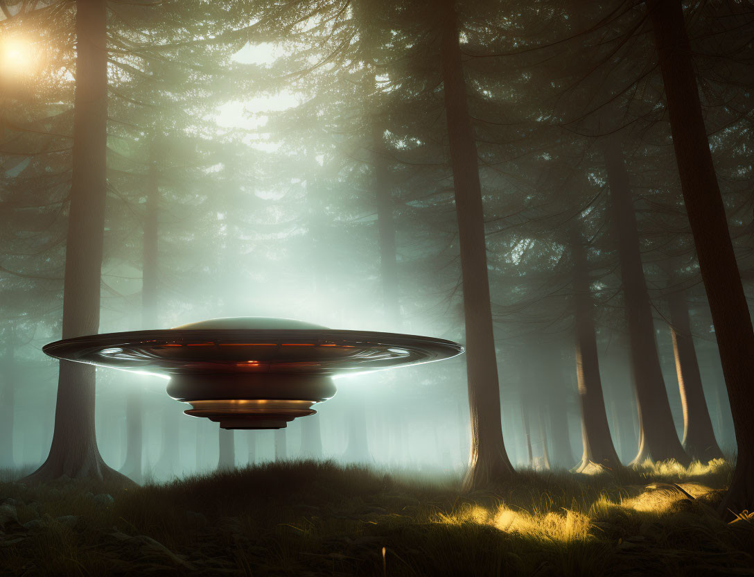 Glowing UFO hovers in misty forest with sunbeams