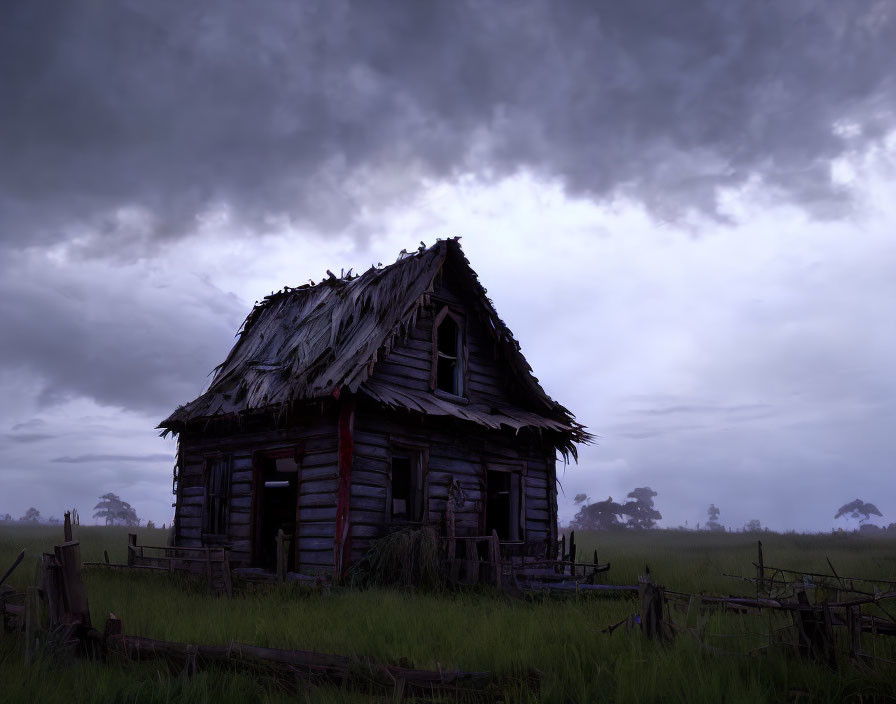 Dilapidated wooden cabin with thatched roof in desolate field at dusk