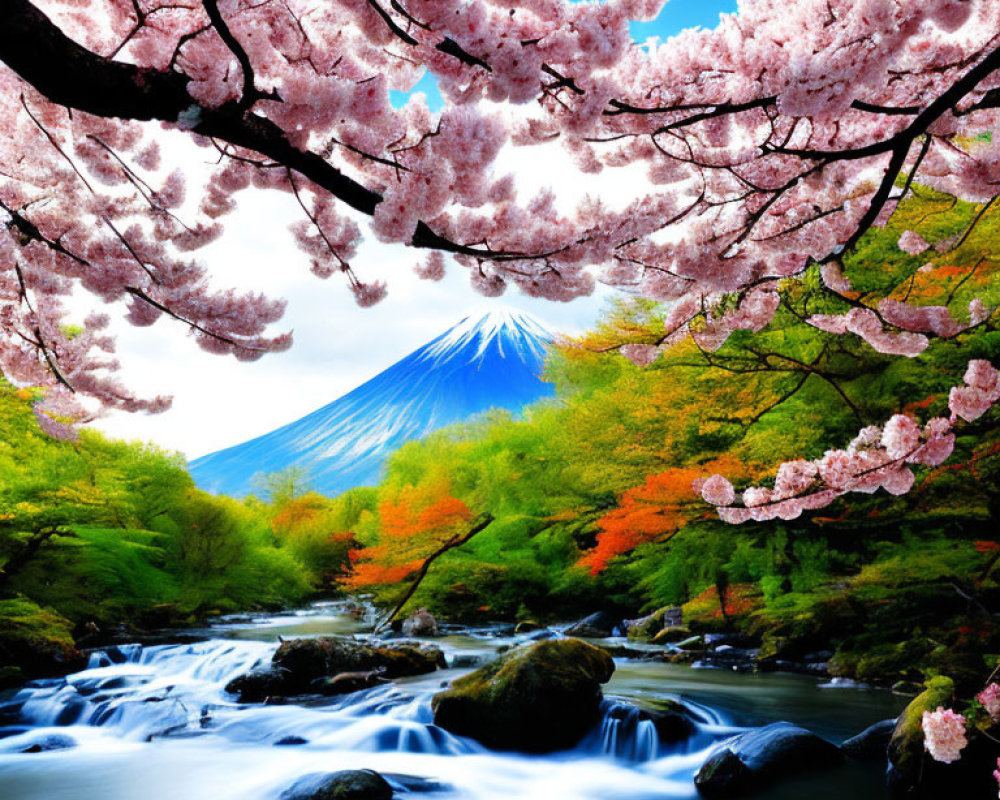 Scenic view of Mount Fuji with cherry blossoms and autumn trees