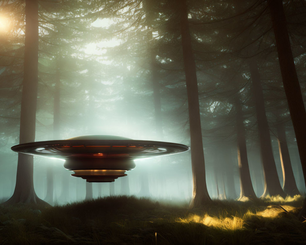 Glowing UFO hovers in misty forest with sunbeams