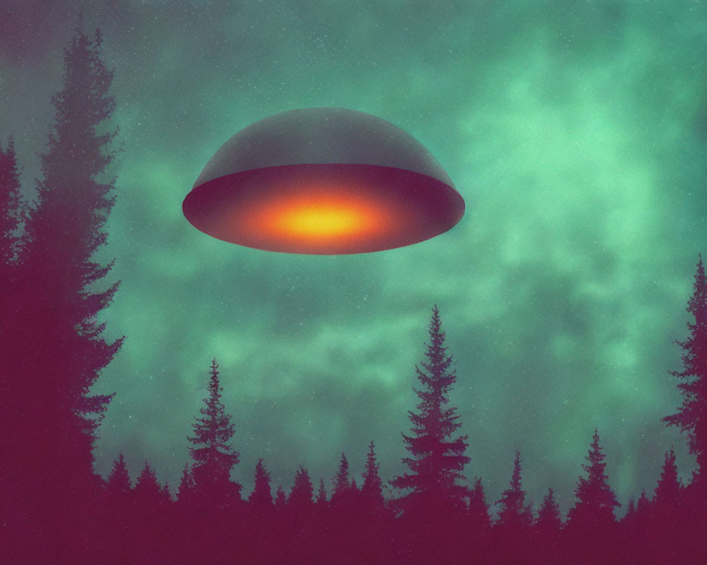 Glowing UFO hovers over dark forest at night