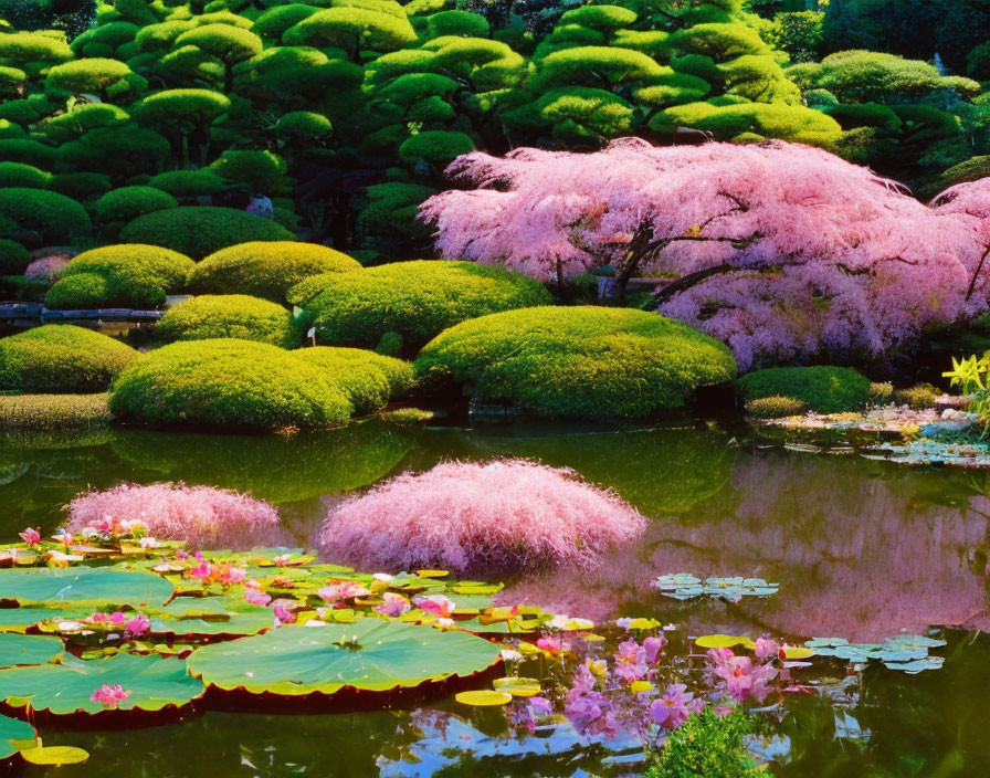 Japanese Garden with Pink Cherry Blossoms and Water Lilies