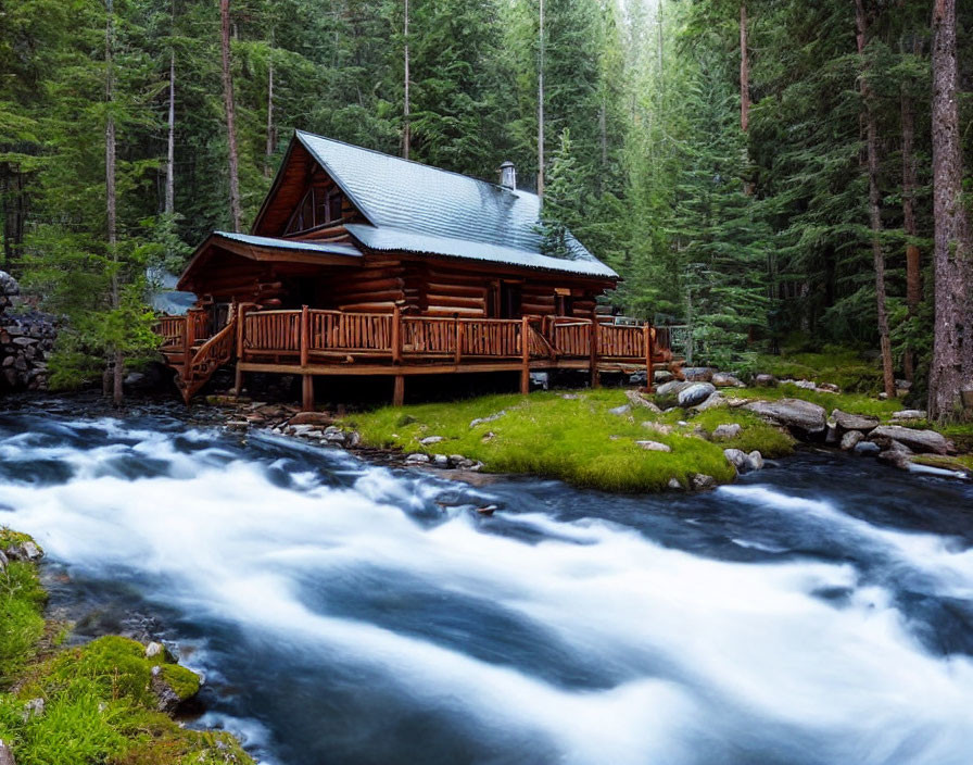 Rustic log cabin with porch by rushing river and pine trees