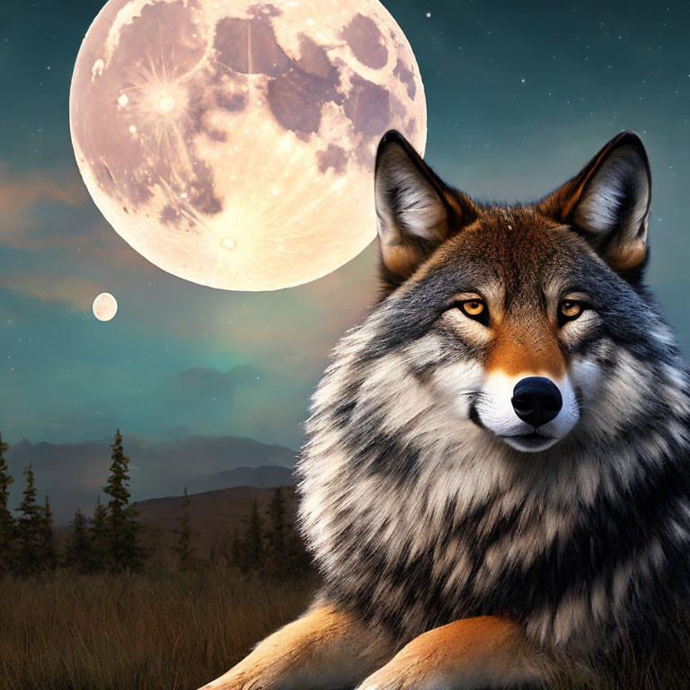 Realistic wolf illustration with full moon and twilight sky background