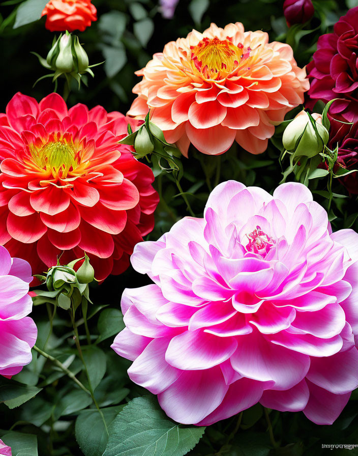 Colorful Dahlias in Bloom: Large Pink Flower with Orange-Red Blooms in Background